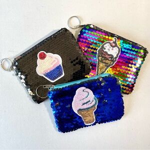 3 Sequin Glitter Sweet Treat Zip Closure Coin Purses Key Ring Novelty Item